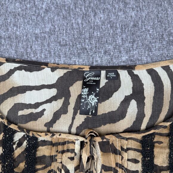Vintage‎ Guess Tiger Blouse Women's Large Animal Print Long Sleeve Pleated Y2K - Picture 2 of 7